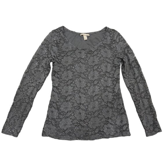 Banana Republic Womens Gray Floral Lace Overlay Sheer Long Sleeve Top M EUC - Picture 1 of 7
